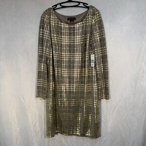 Jessica Howard Gold Plaid Stretch Bodycon Dress Long Sleeve S-18 Formal Holiday
